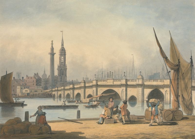 London Bridge and The Monument by Francis Nicholson, oil painting depicting a landscape with a bridge and river.