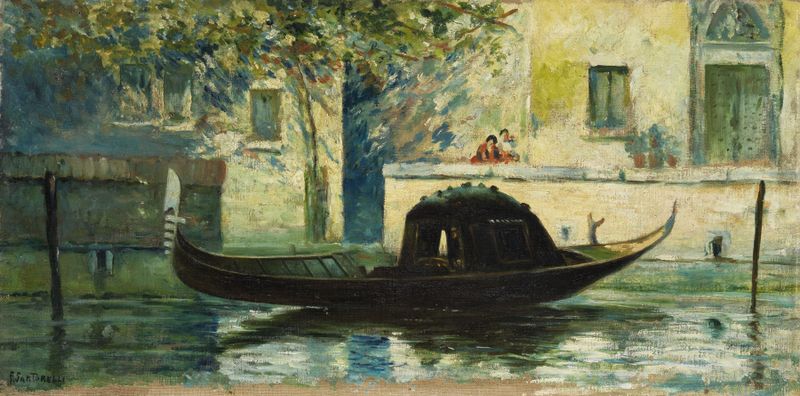 Venecian Gondola de Francesco Sartorelli, pintura al óleo que muestra una góndola en un canal tranquilo al atardecer.