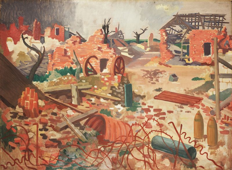 Oil painting by Colin Gill depicting a village amidst chaos