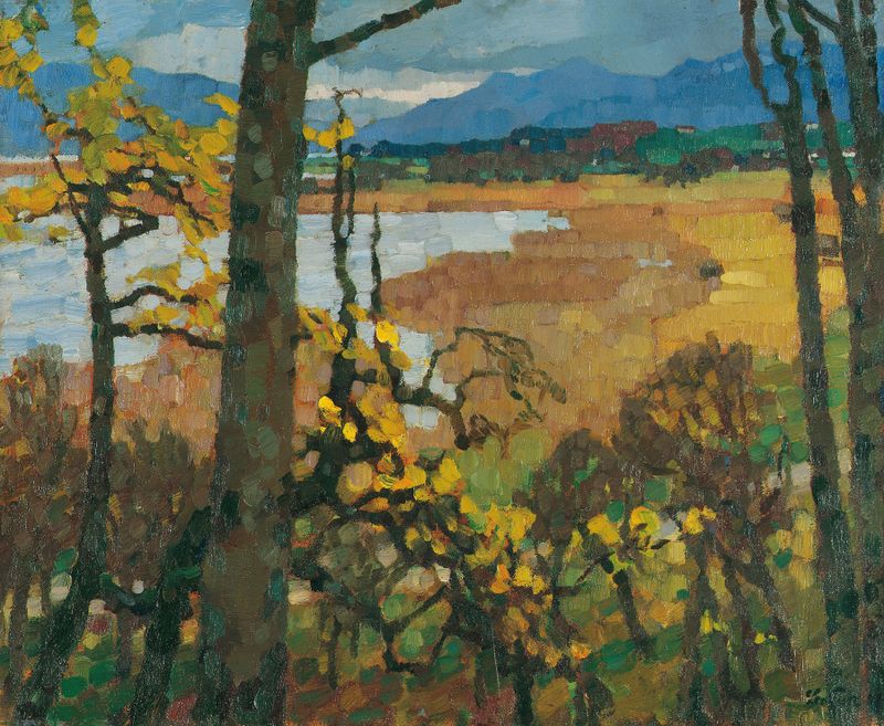 Paisaje de otoño con reflejos en el lago, pintura al óleo de Leo Putz