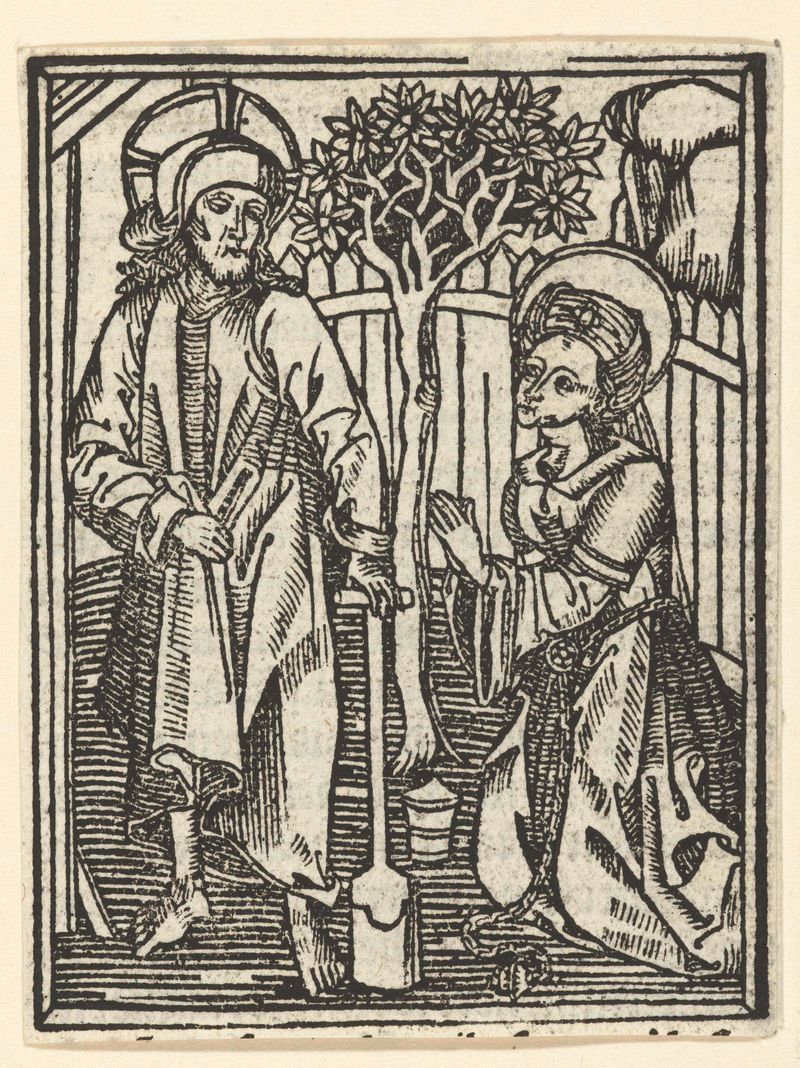 Noli me tangere, paper artwork by Meester van de Delbecq-Schreiber-Passie depicting Christ in soft blue and white hues.