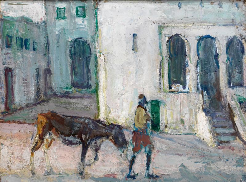 Street Scene, Tangier by Henry Ossawa Tanner, oil painting depicting figures in an alley at twilight.