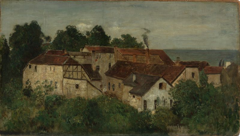Landscape with village houses by the water, oil painting by Theodor Joseph Hagen