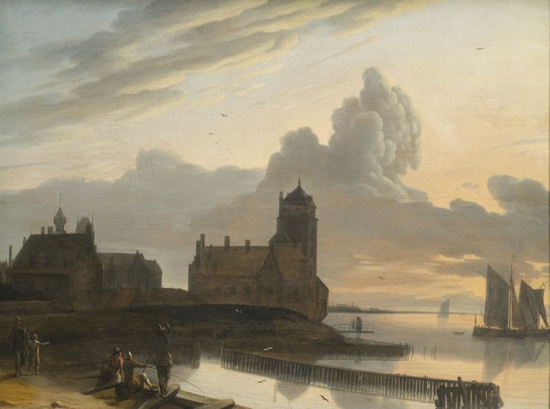 German River Landscape with a Town, pintura al óleo de Gerrit Adriaensz. Berckheyde