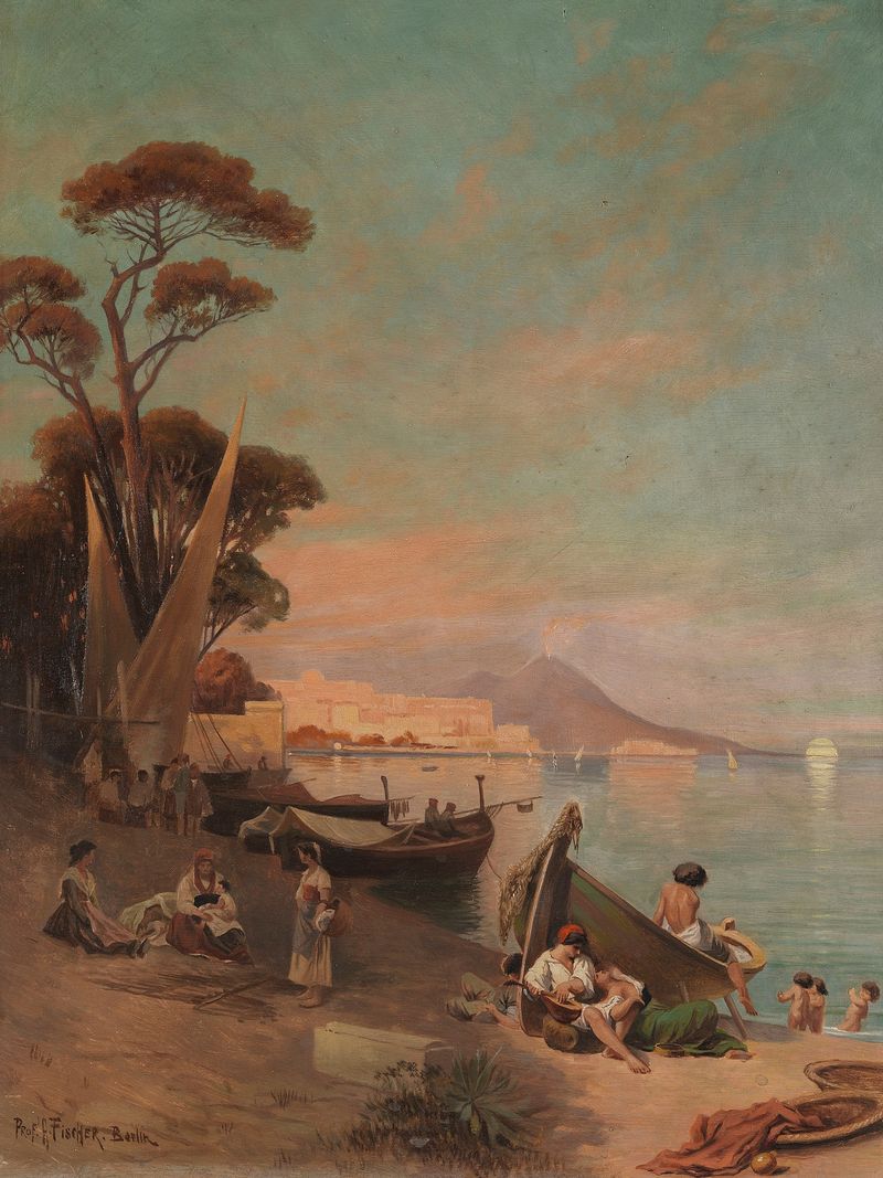 Cena marinha com ondas e luz do sol, pintura a óleo de Arthur Fischer