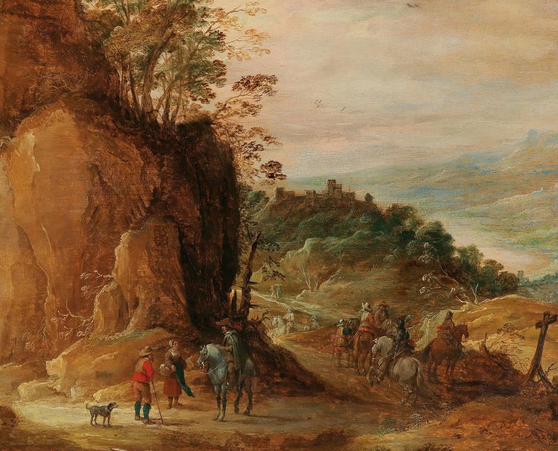Uma paisagem rochosa com cavaleiros navegando por terreno acidentado, Joos de Momper, pintura a óleo