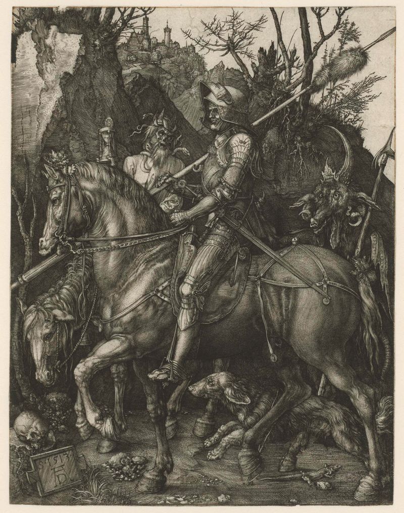 Knight, Death, and the Devil engraving by Albrecht Dürer, featuring a knight, death, and the devil.
