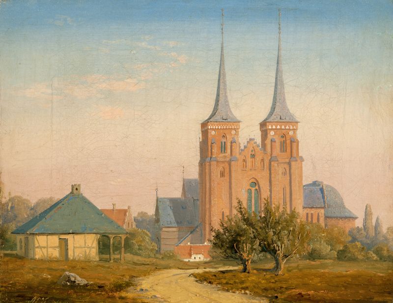 Roskilde Cathedral by Anton Eduard Kieldrup, oil painting depicting architectural spires