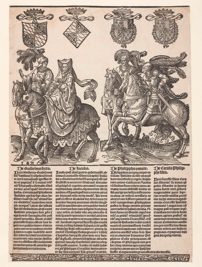 Retrato histórico de Willem VI, Jacoba van Beieren, Filips de Goede en Karel de Stoute, papel de Jacob Cornelisz van Oosts...