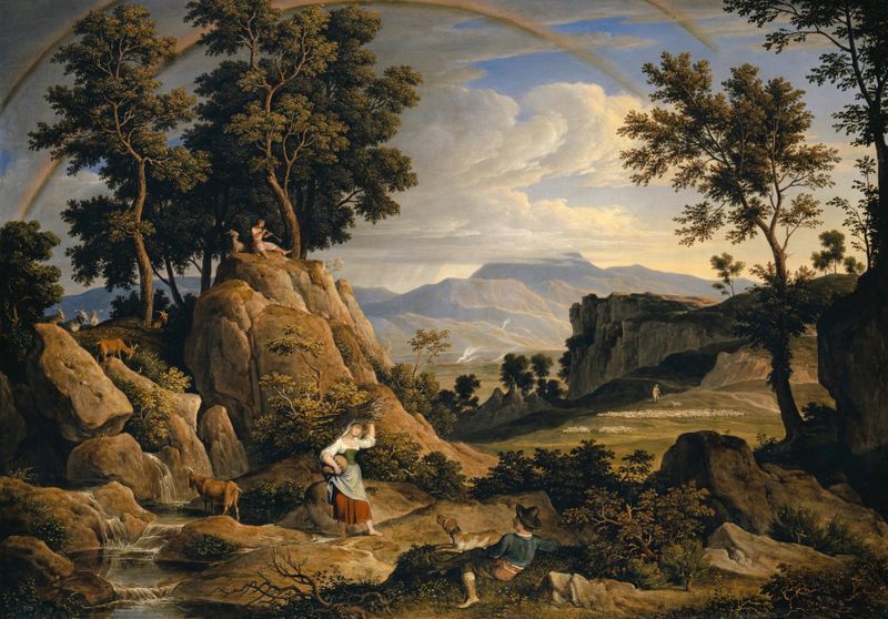 Landscape near Olevano with Rainbow by Joseph Anton Koch, oil painting depicting hills and a rainbow.