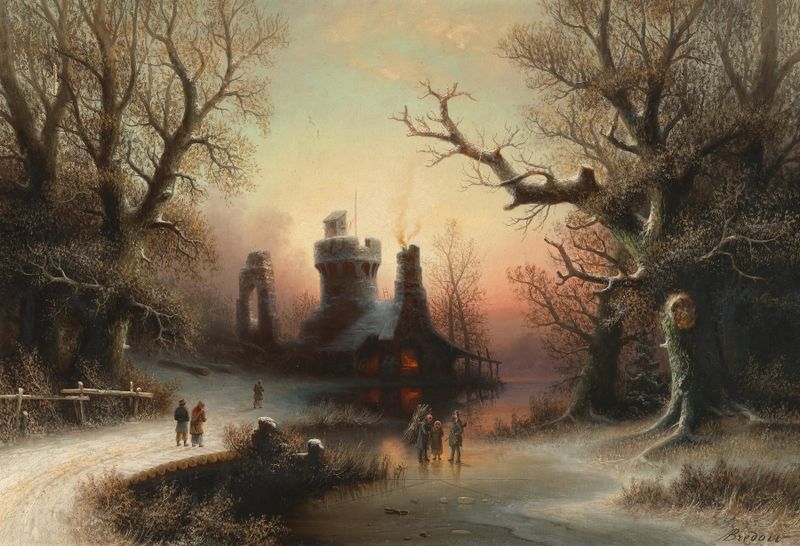 Winter evening landscape in oil on canvas by Albert Bredow