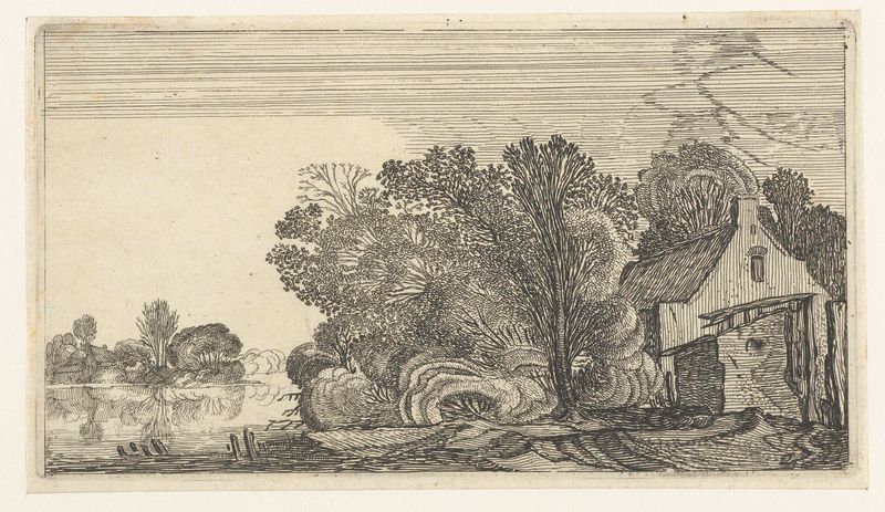 Grabado de Unknown Artist que representa una granja junto a un río con árboles y luz solar.