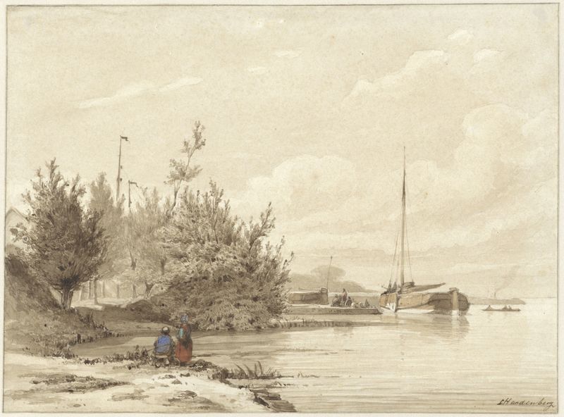Landschap met gemeerde boten aan een rivieroever, pintura al óleo de Lambertus Hardenberg