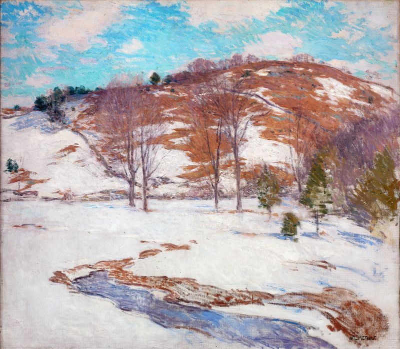 Snow in the Foothills, oil on canvas by Willard Leroy Metcalf, depicting serene hills and a sunset.