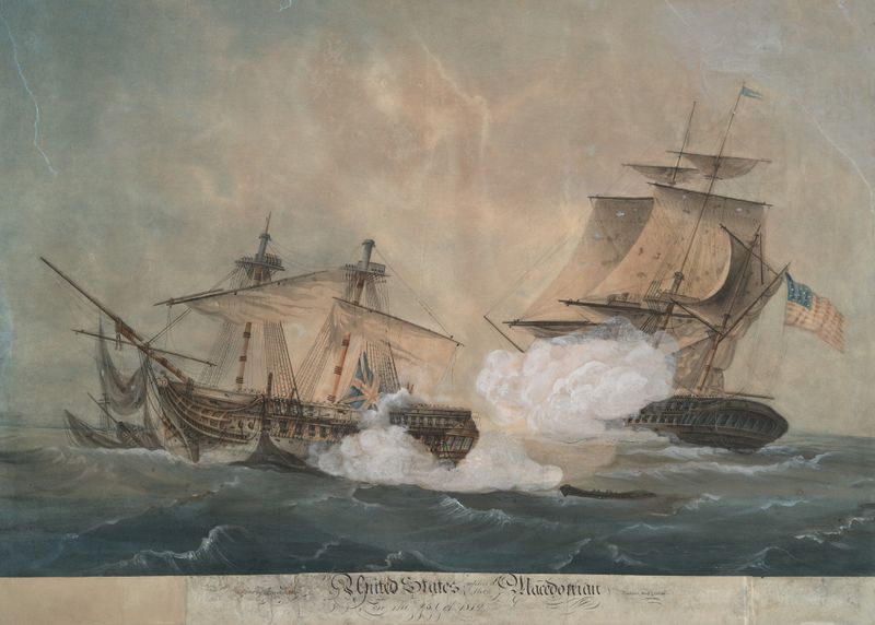 Marine scene featuring a ship with sails by George Thresher, 1810