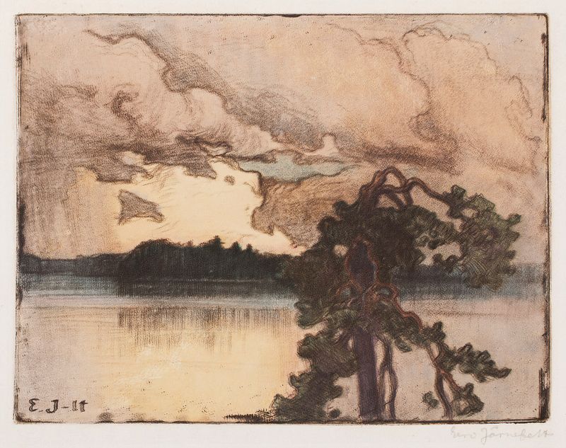 Lake Landscape at Sunset, oil on canvas by Eero Järnefelt, depicting a tranquil lake at sunset.