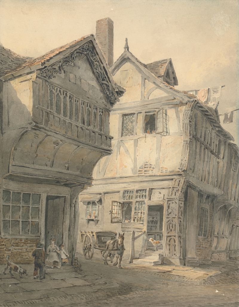 Old Houses at St. Albans de John Whichelo, óleo sobre lienzo que muestra techos de pueblo bajo un cielo azul