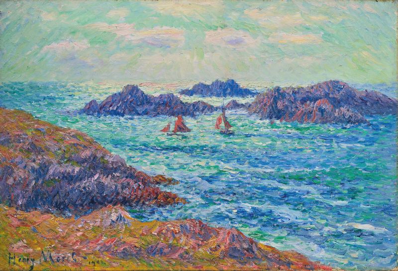 Marine scene of crashing waves and cliffs by Henry Moret, oil painting
