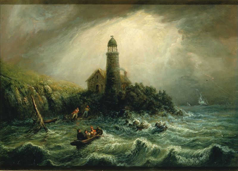 Sea View Of Cape Poge Lighthouse by Charles Hubbard, oil painting depicting a lighthouse and stormy sea.