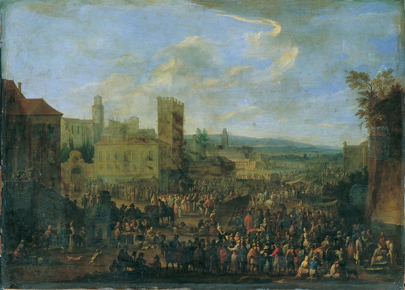 Genre scene of a lively market by Franz de Paula Ferg, oil on canvas