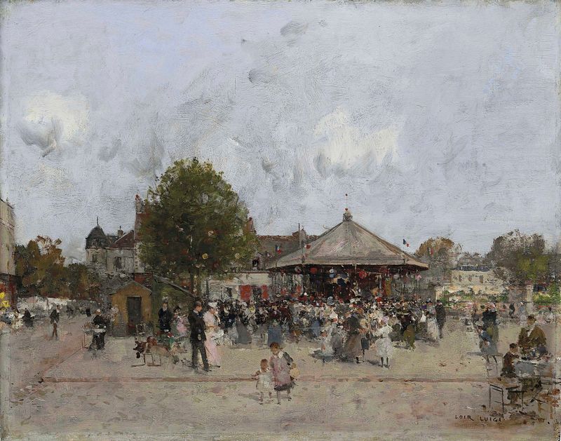 Cena de carnaval com um carrossel e cavalos de Luigi Loir, pintura a óleo