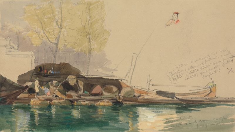 Barges on a canal, oil on canvas by James Holland, featuring reflections in the water.