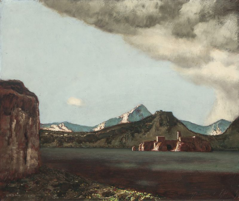 Paisagem serena de um lago e colinas, pintura a óleo de Hermann Urban