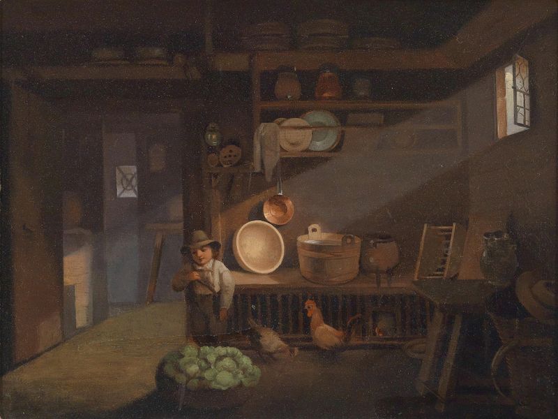 Pintura al óleo de Ignaz Raffalt que muestra a un niño en un interior rústico