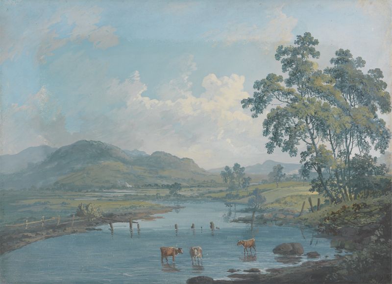 River landscape with cattle watering, oil painting by John Laporte