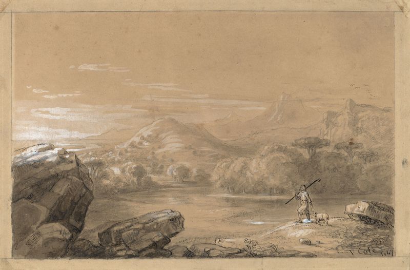 O Bom Pastor de Thomas Cole, óleo sobre tela, retratando um pastor segurando um cordeiro em uma paisagem tranquila.