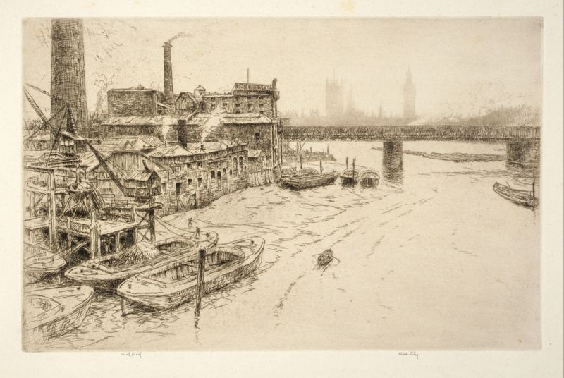Hungerford Bridge, Londres de Kerr Eby, pintura al óleo que muestra arcos elegantes sobre el río.