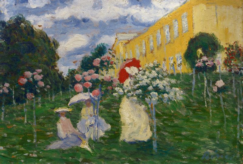 Garden Landscape de József Rippl-Rónai, óleo sobre tela que retrata um jardim sereno com flores e luz do sol.