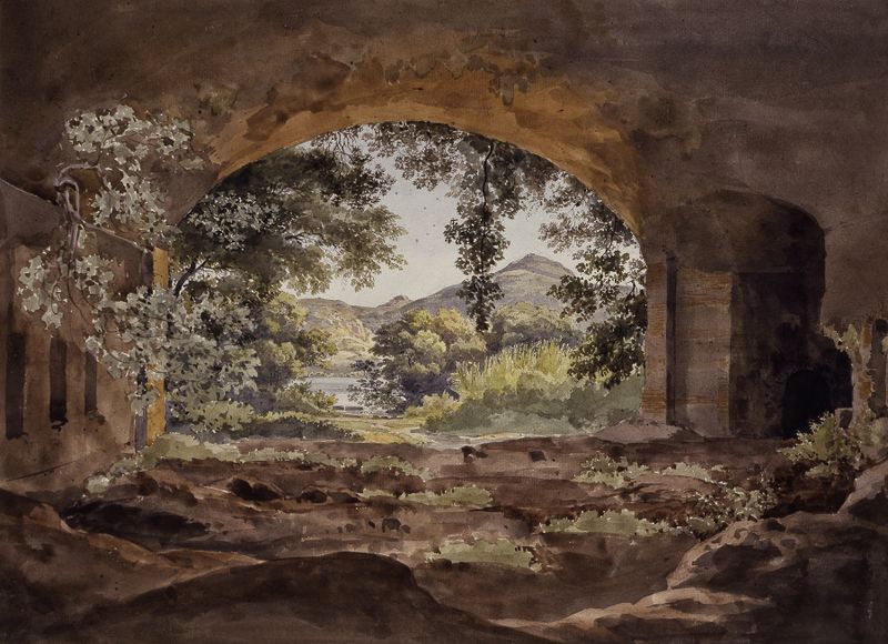 Channel of Lake Albano by Ernst Fries, oil on canvas depicting a serene lake landscape.