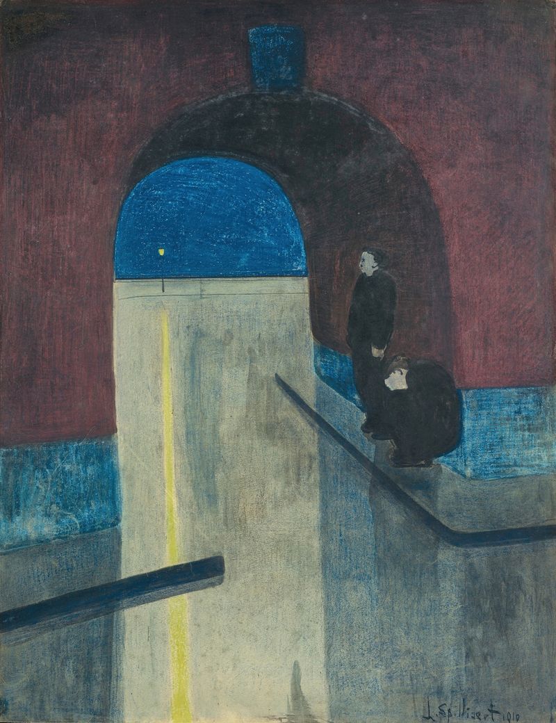 Pintura figurativa de Léon Spilliaert con una pareja bajo un arco.