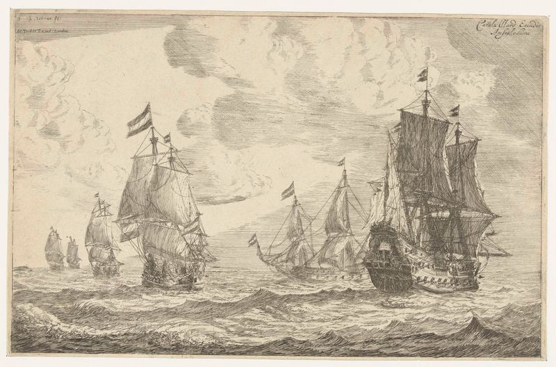Zes zeilschepen op open zee, gravura de Reinier Nooms mostrando seis barcos navegando no oceano