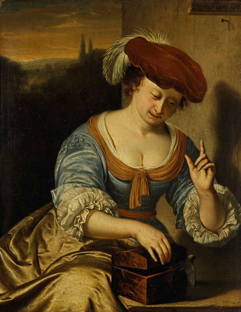 Escaped Bird: Allegory of Chastity, óleo sobre panel de Frans van Mieris, con una mujer sosteniendo un pájaro liberado.
