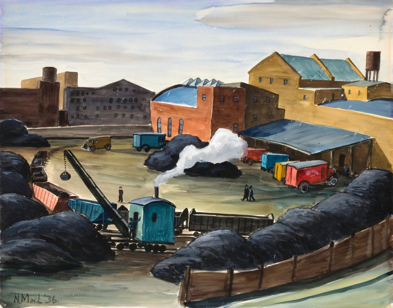 Coal Yard de Norman MacLeish, óleo sobre lienzo que representa montones de carbón y paisaje industrial