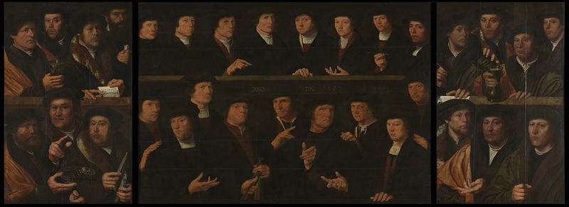 A group of guardsmen in an oil painting by Dirck Jacobsz, 1559, depicting urban militia.