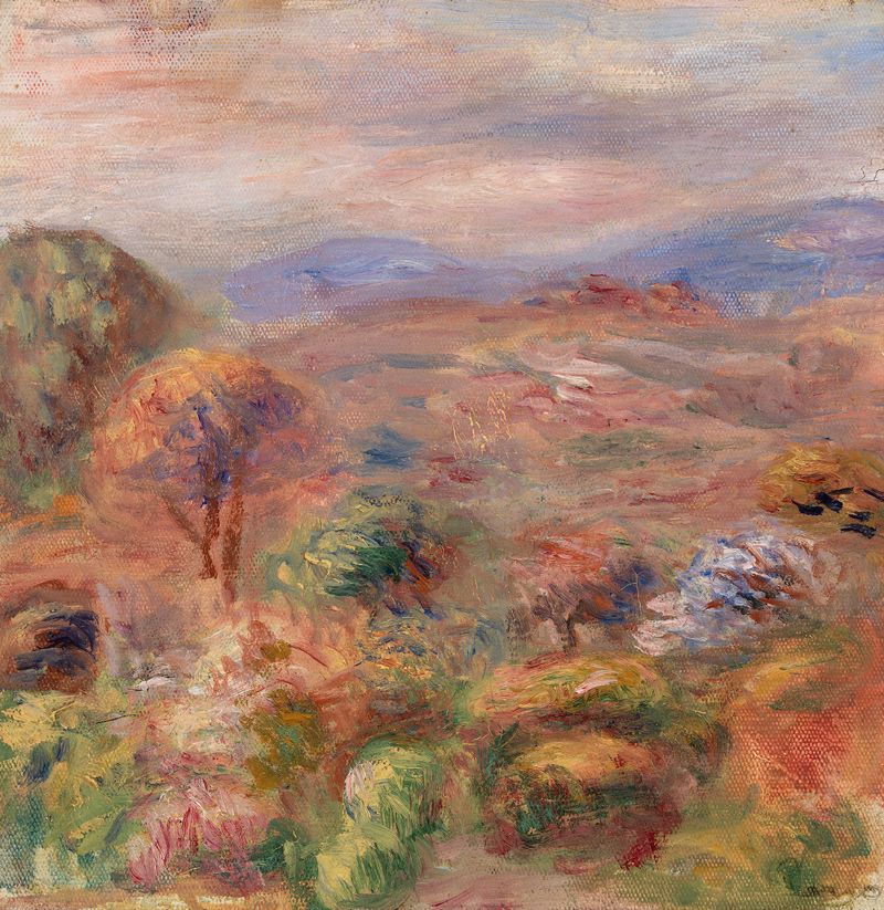 Paisagem (Paysage) de Pierre-Auguste Renoir, pintura a óleo com colinas onduladas e luz filtrada.