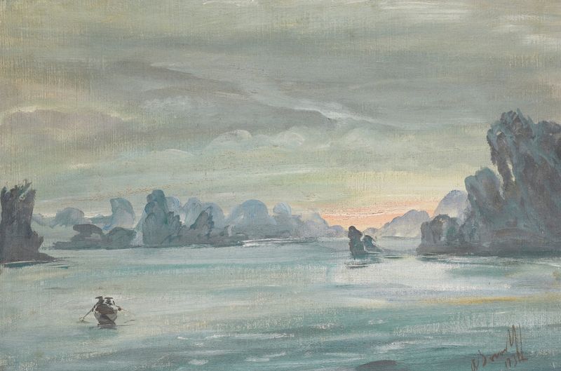 Ha Long Bay, Vietnam by Alexandre Jacovleff, oil on canvas depicting limestone karsts at sunset
