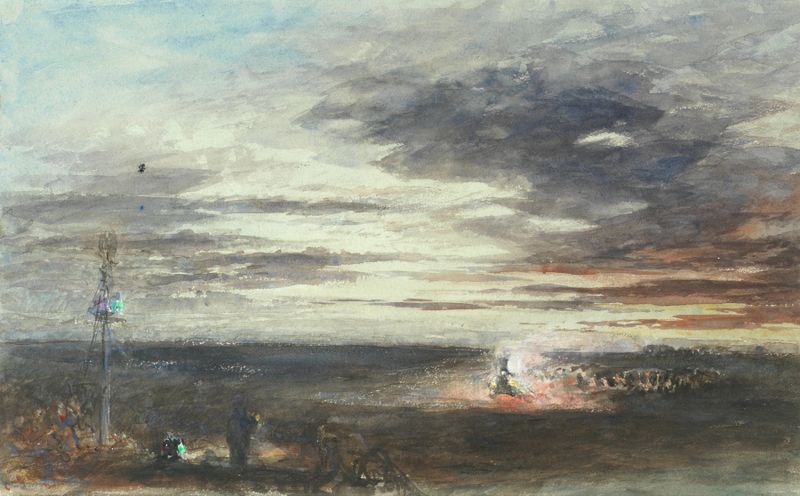 Watercolour by Alfred William Hunt depicting a solitary figure under a moody sky