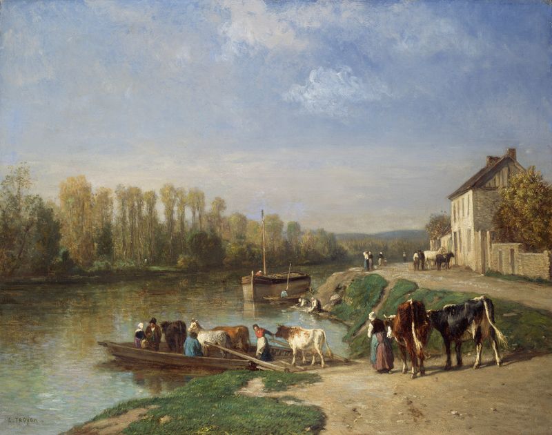 The Ferry Crossing by Constant Troyon, oil on canvas, depicting figures by a river with reflections.