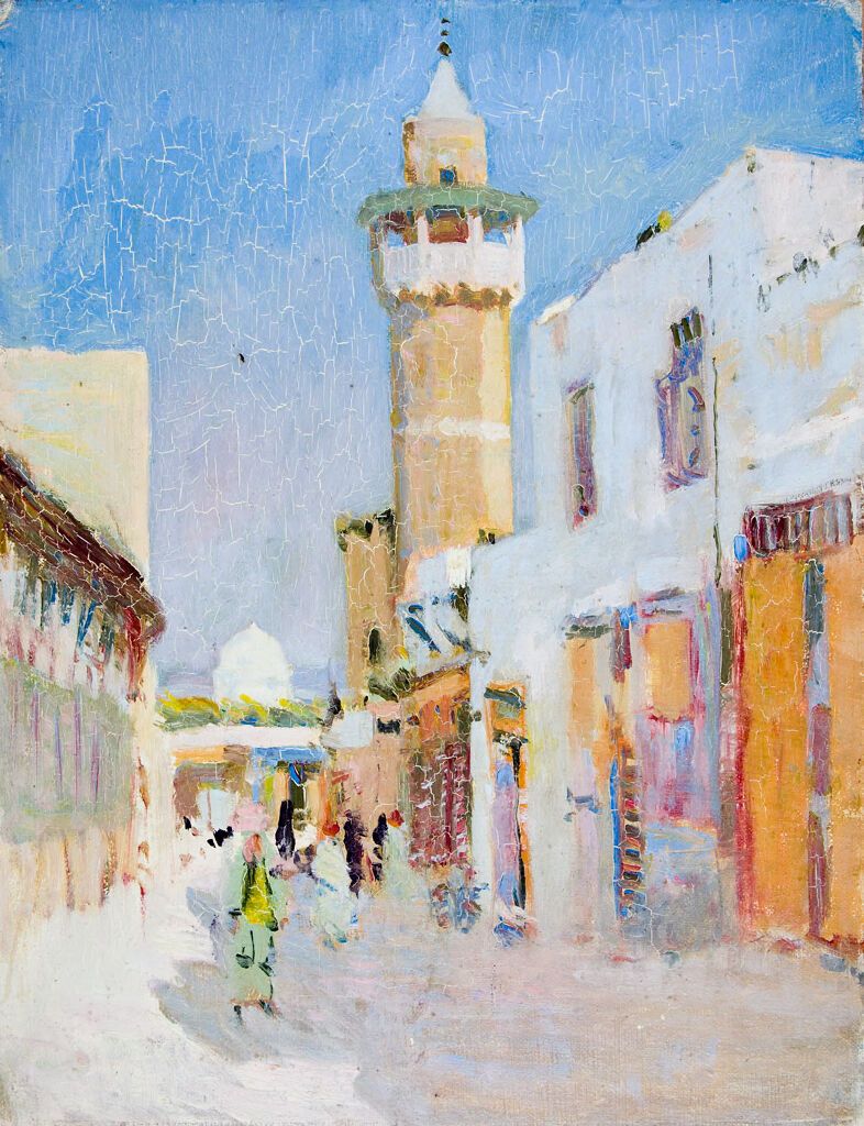 Tunis Street Scene by Denman Waldo Ross, oil on canvas depicting a vibrant marketplace with sunlight.