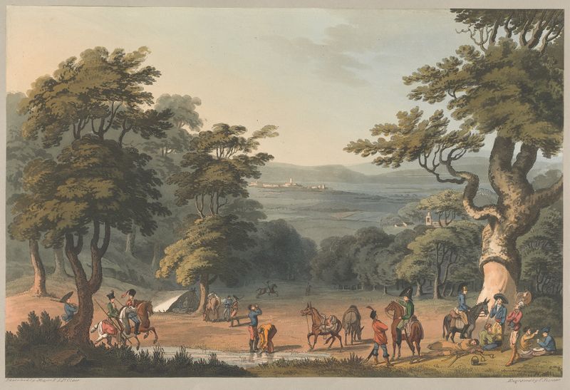 Distant View of Cuidad Rodrigo, oil painting by Charles Turner, depicting hills and a fortress at sunrise.