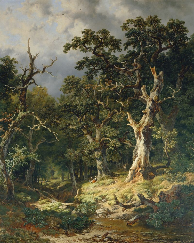 Eichenwald oil painting by Remigius Adrianus van Haanen depicting twilight and ruins.
