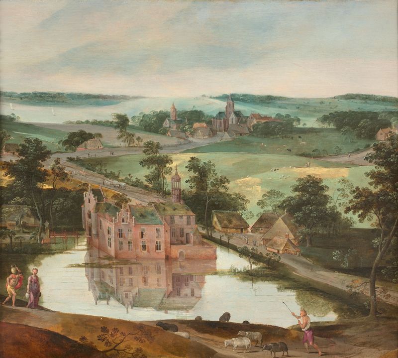 Château dans un paysage avec un berger by Jacob Grimmer, depicting a shepherd in a tranquil landscape