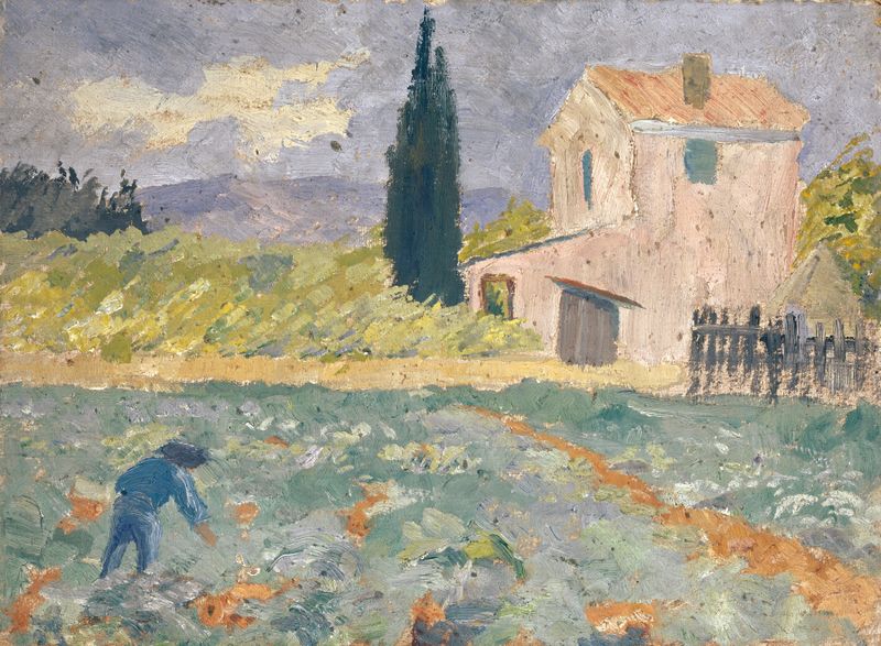 Southern Farm with Field de Ernst Schiess, realismo, que representa un paisaje sereno con trigo y luz solar.