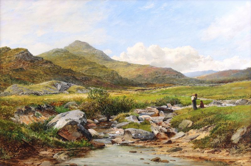 Mother and children near Capel Curig, North Wales, oil painting by David Bates