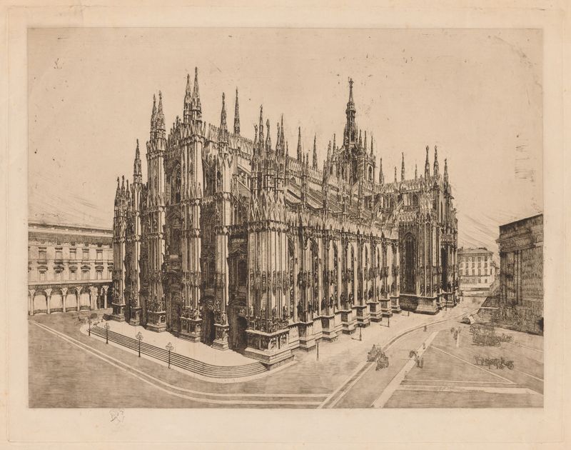 Cathedral, Milan by Otto Henry Bacher, watercolor on paper depicting intricate stonework and spires.