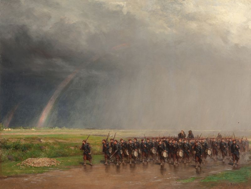 Soldiers on the march by Paul Alexandre Protais, realism, depicting soldiers in uniform marching with urgency.